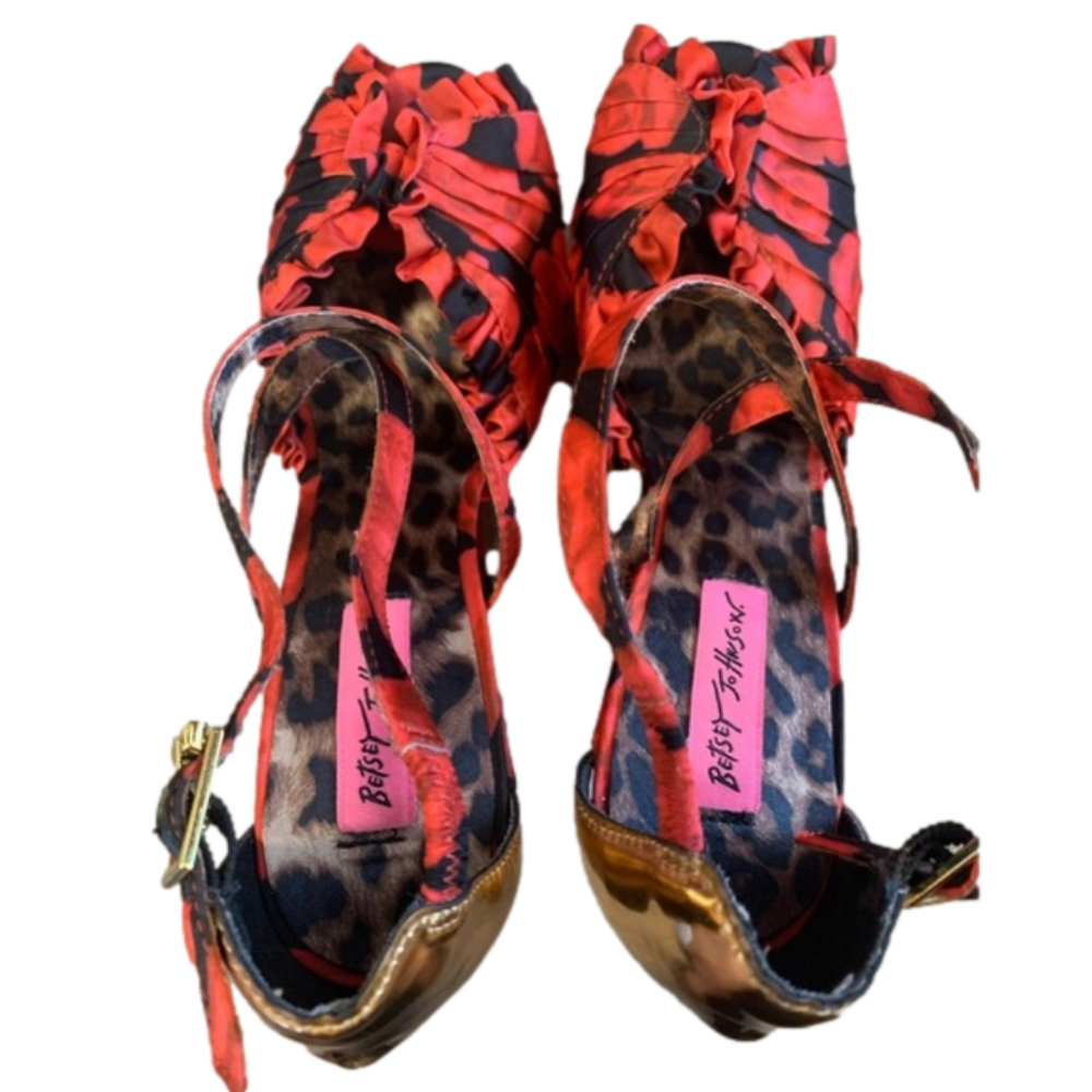 Betsey Johnson Red Rose Floral Gold Wedge Platform Heels - Picture 8 of 14